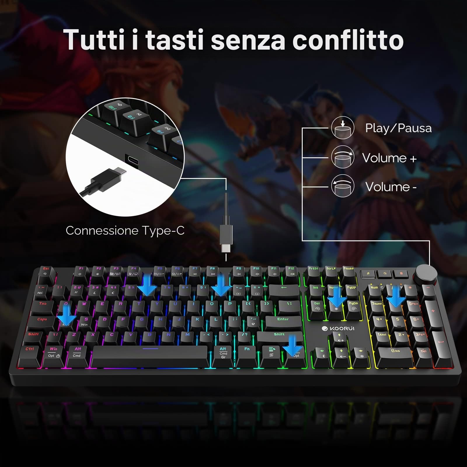 KOORUI Tastiere da gioco, 26 RGB Retroilluminato Tastiera Meccanica Cablato 104 Tasti Full Size UK Layout con Interruttore Marrone Gamer Tastiere per Windows MacOS Linux