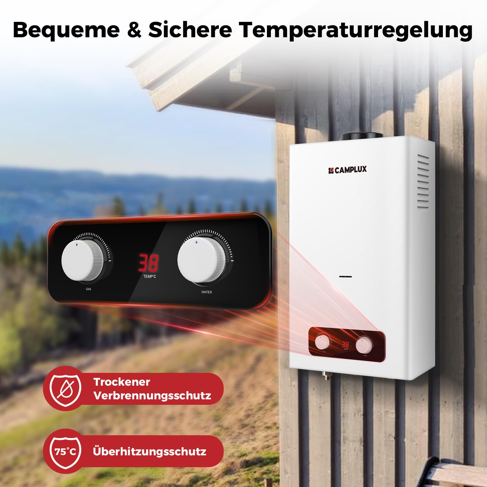 CAMPLUX BD264-DE Gas-Durchlauferhitzer, 10 Liter, LPG, 50 mbar, für Wohnmobil/Camping/Garten/Mobilhäuser/kleine Häuser