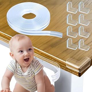 Baby Proofing 16.4' / 32.8' Edge Protector Strip Clear and 6/8 Pcs Baby Corner Protector Guards for Furniture Pre Taped Adhesive Table Crib Drawers Cabinets (8 Corner Protectors,32.8 ft)