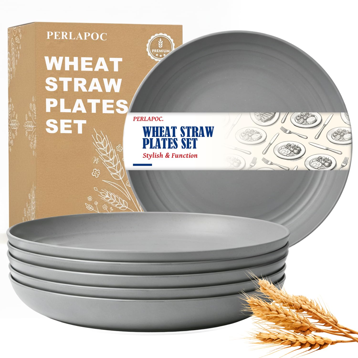 Wheat Straw Plates, 10In Reusable Plastic plates for Ktichen, Grey