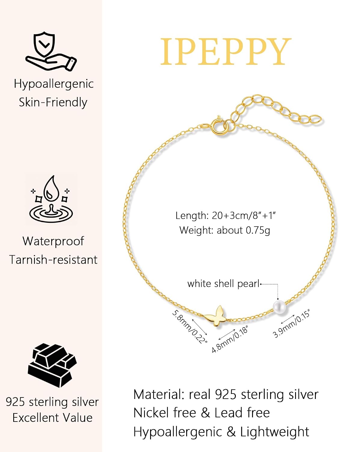 925 Sterling Silver Pearl Butterfly Ankle Bracelets for Women | Dainty Waterproof 14K Gold Plated Adjustable Anklets Hypoallergenic Summer Beach Body Chain Jewelry Gifts for Mother Daughter