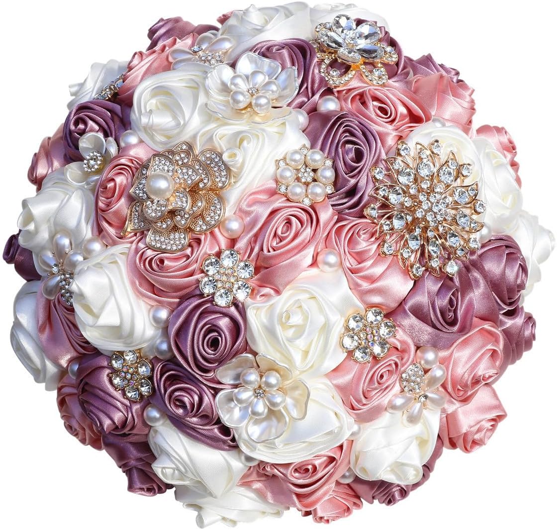 Handmade Satin Rose Bridal Wedding Bouquet with Pearl Rhinestone Embellishments in Pink Red and White 8.7Inch