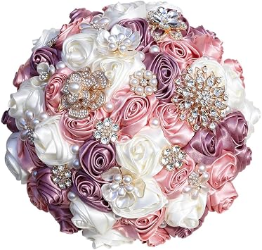Handmade Satin Rose Bridal Wedding Bouquet with Pearl & Rhinestone Embellishments in Pink, Purple and White 8.7Inch