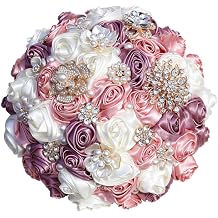Handmade Satin Rose Bridal Wedding Bouquet with Pearl & Rhinestone Embellishments in Pink, Purple and White 8.7Inch