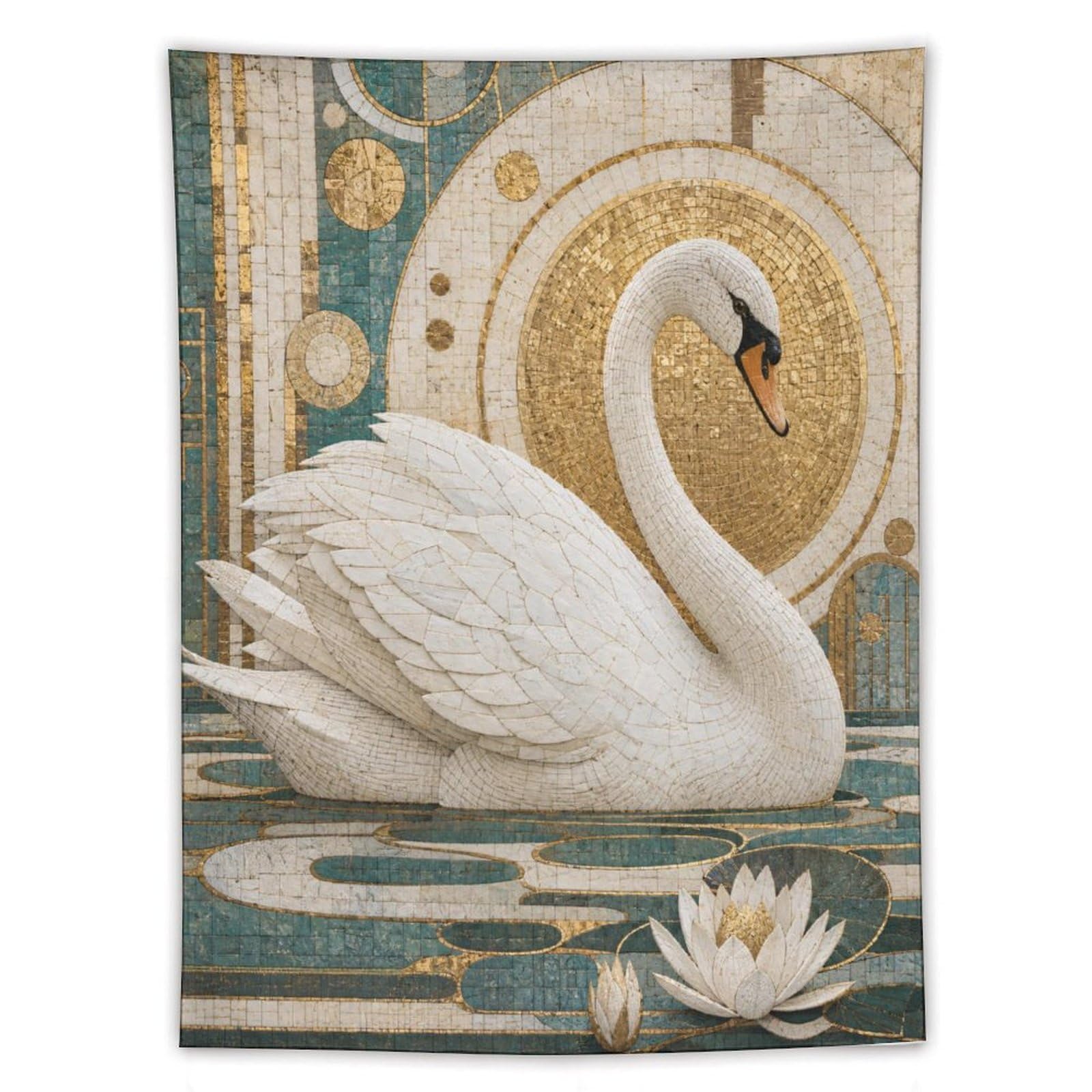 White Swan and Lotus Wall Tapestry, Mosaic Style, Dorm Room