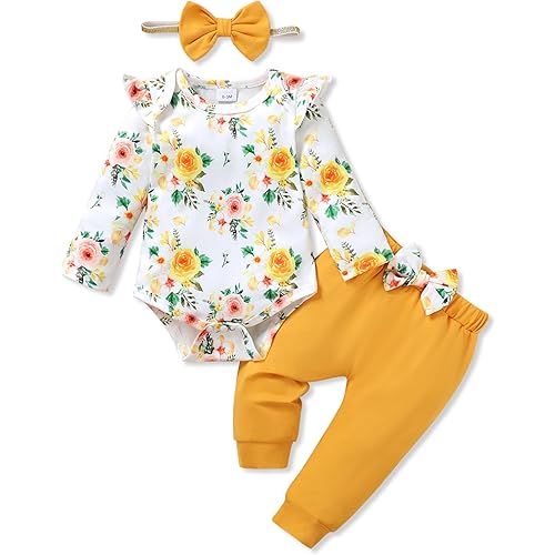 YALLET Baby Girl Clothes Newborn Infant Girl Outfits Floral Romper+Pants+Headband Fall Baby Layettes for Clothing 0-18 Months