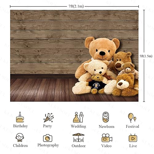 Miniatura 2 de Telón de fondo de madera de 7 x 5 pies, oso para baby shower, lindo oso marrón, muñecas de felpa para amigos, fiesta de recién nacidos, sesión de