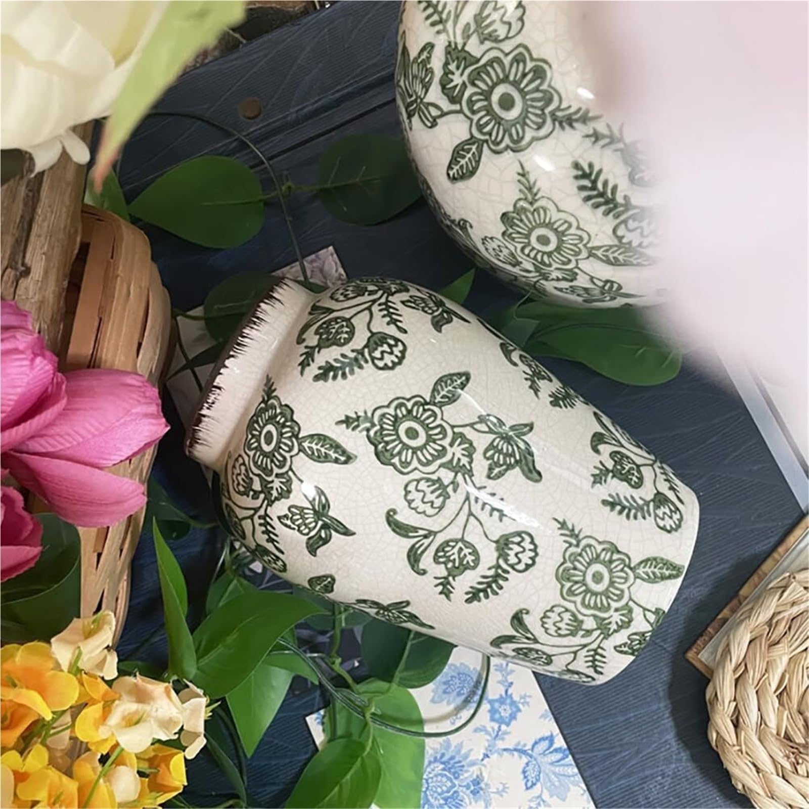 Wazony na kwiaty w stylu vintage, zielone ceramiczne wazony na kwiaty, rozbity wazon chinoiserie, doniczka ze szkła imbirowego, dekoracja stołu (A)