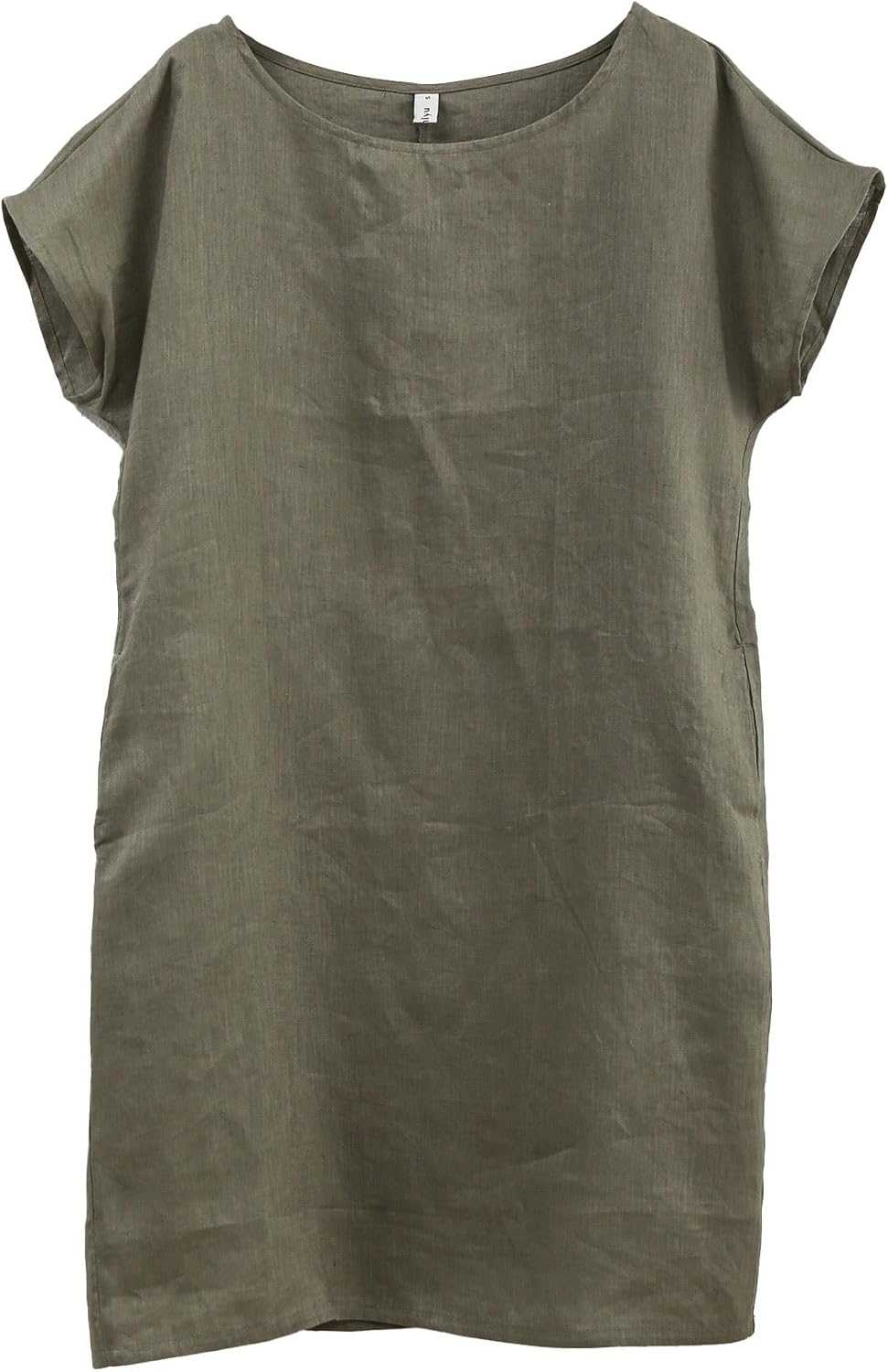 Amazhiyu Womens 100% Linen Summer Casual Crew Neck Midi Dresses with Pockets Green X-Small