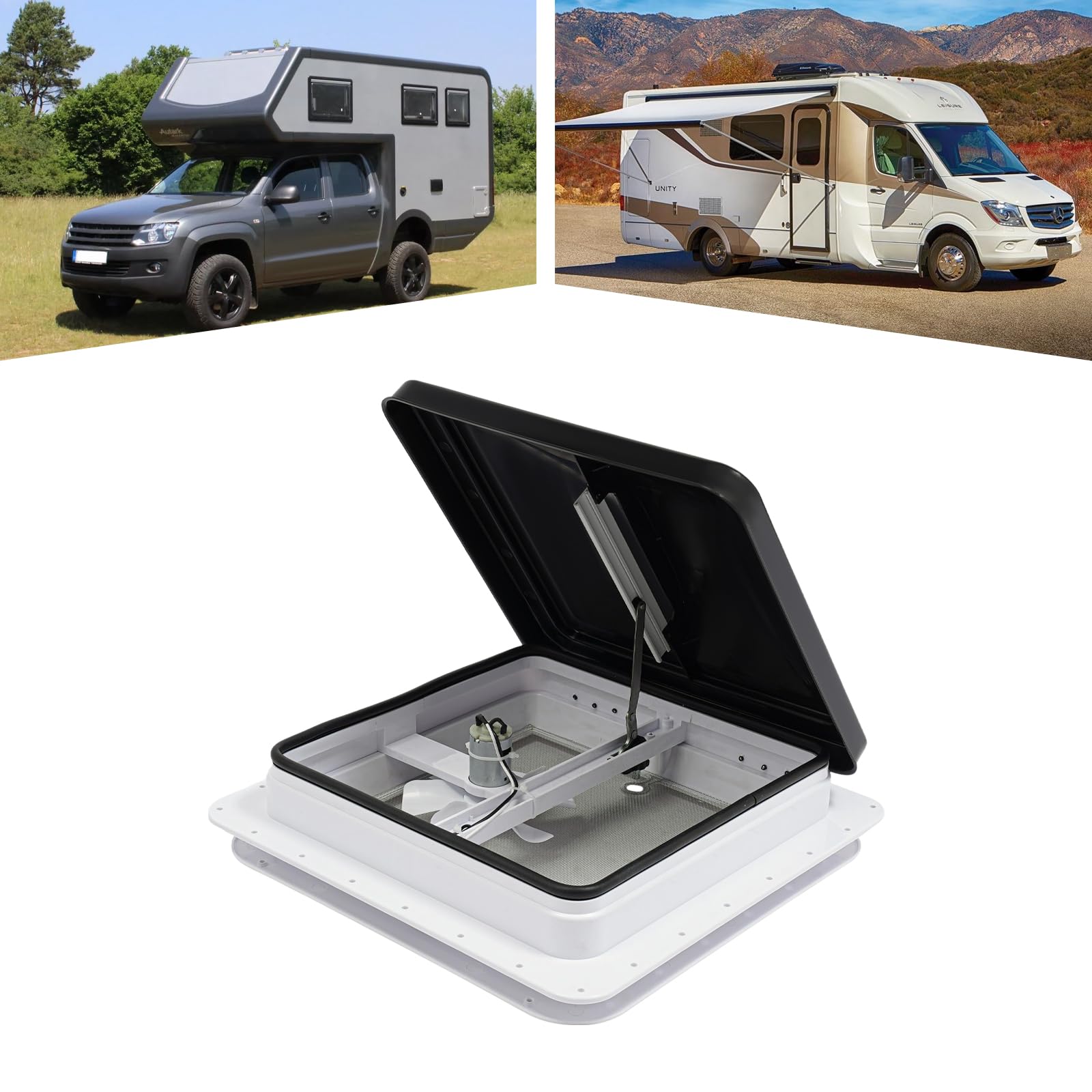 Ventana de techo de 42 x 42 cm para autocaravana, universal para apertura de 35 x 35 cm, con mosquitera y sistema de ventilación (impermeable IP65, negro/blanco)