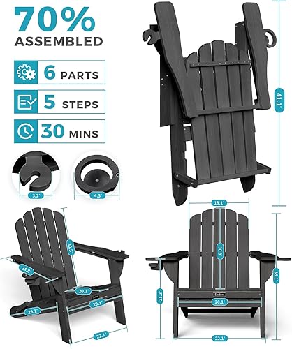 Miniatura 2 de Silla Adirondack plegable, silla Adirondack de HDPE con 2 soportes para tazas, sillas para fogatas al aire libre de fácil montaje para patio,