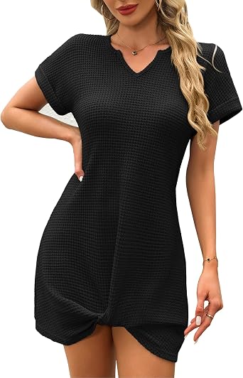 TONCHENGSD Womens Summer V Neck Mini Dress Short Sleeve Twist Hem Beach Vacation Swimsuit Cover Up
