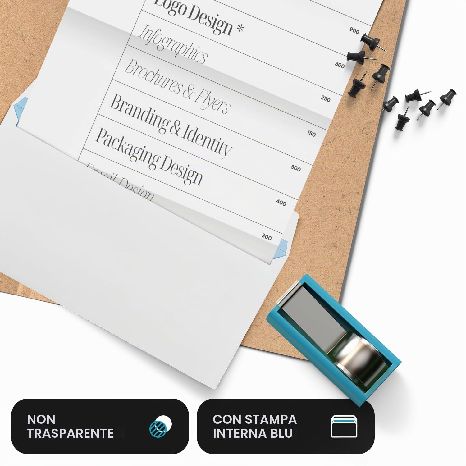 Buste commerciali americane bianche Netuno 100 pezzi formato DL 11x22 cm 90g con stampa interna blu senza finestra strip adesivo