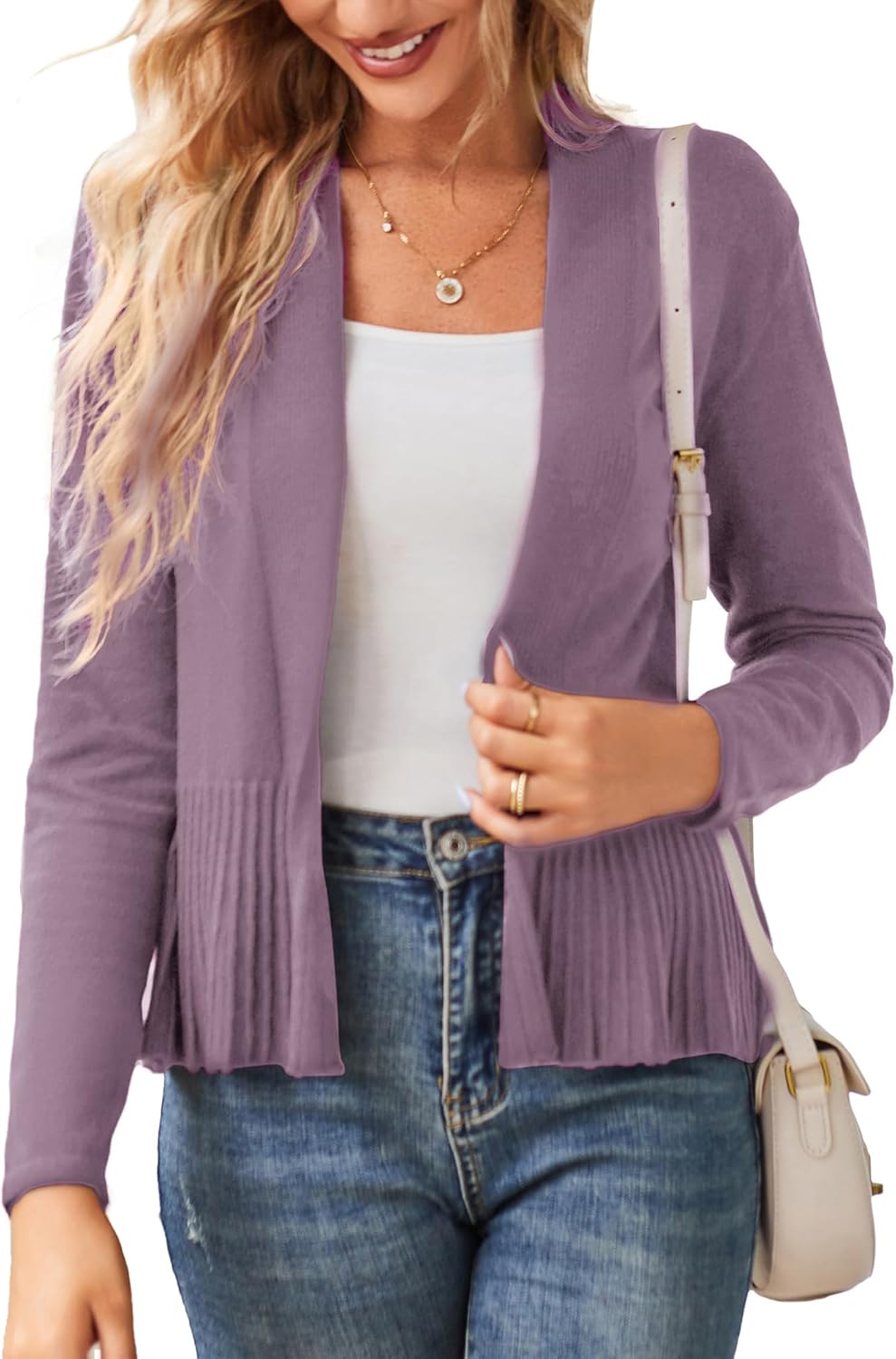 GRACE KARIN Women's Lightweight Draped Open Front Cropped Cardigan Long Sleeve Sweaters Peplum Knit Tops