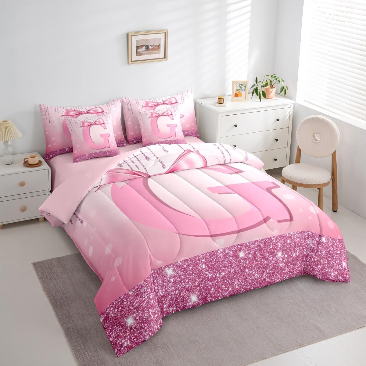 Erosebridal Kids Pink Bowknot 7 Pieces Bedding Set Twin Size for Teens Girls Princess Initial G Comforter Set with Sheets Monogrammed Glitter Bow Bed in A Bag Personalized Alphabet Bed Sets Gifts