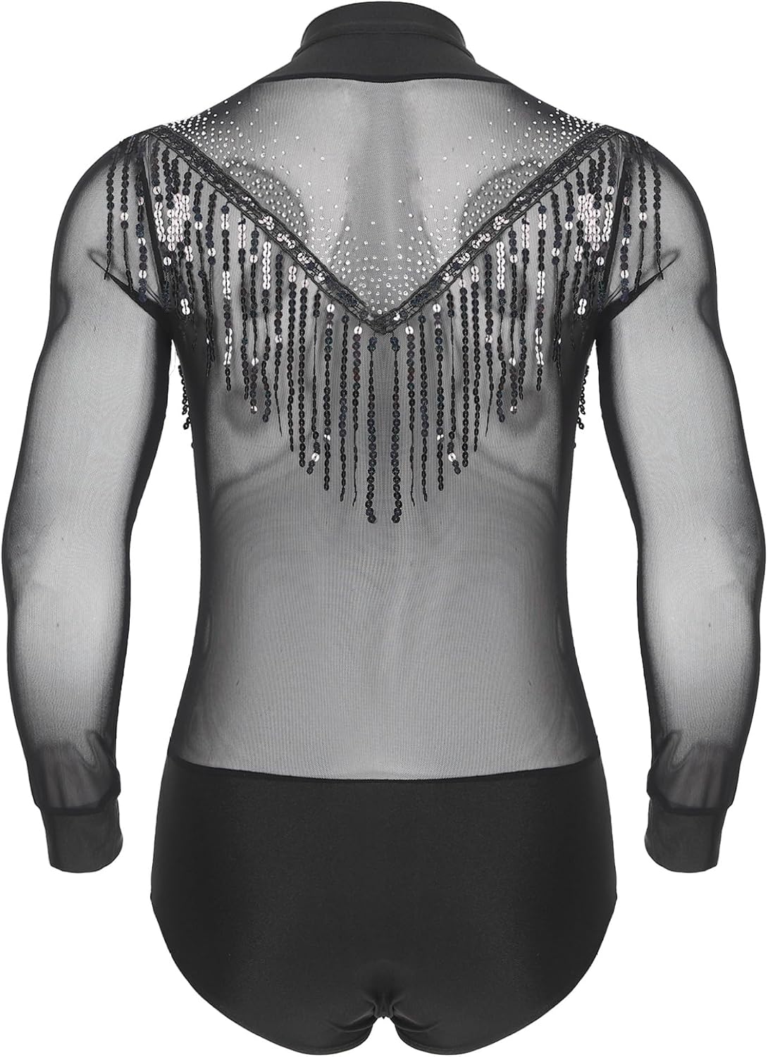 Men's Latin Dance Costume Sequined Tassels Rhinestones Samba Tango Training Performance Long Sleeve Shirt Top