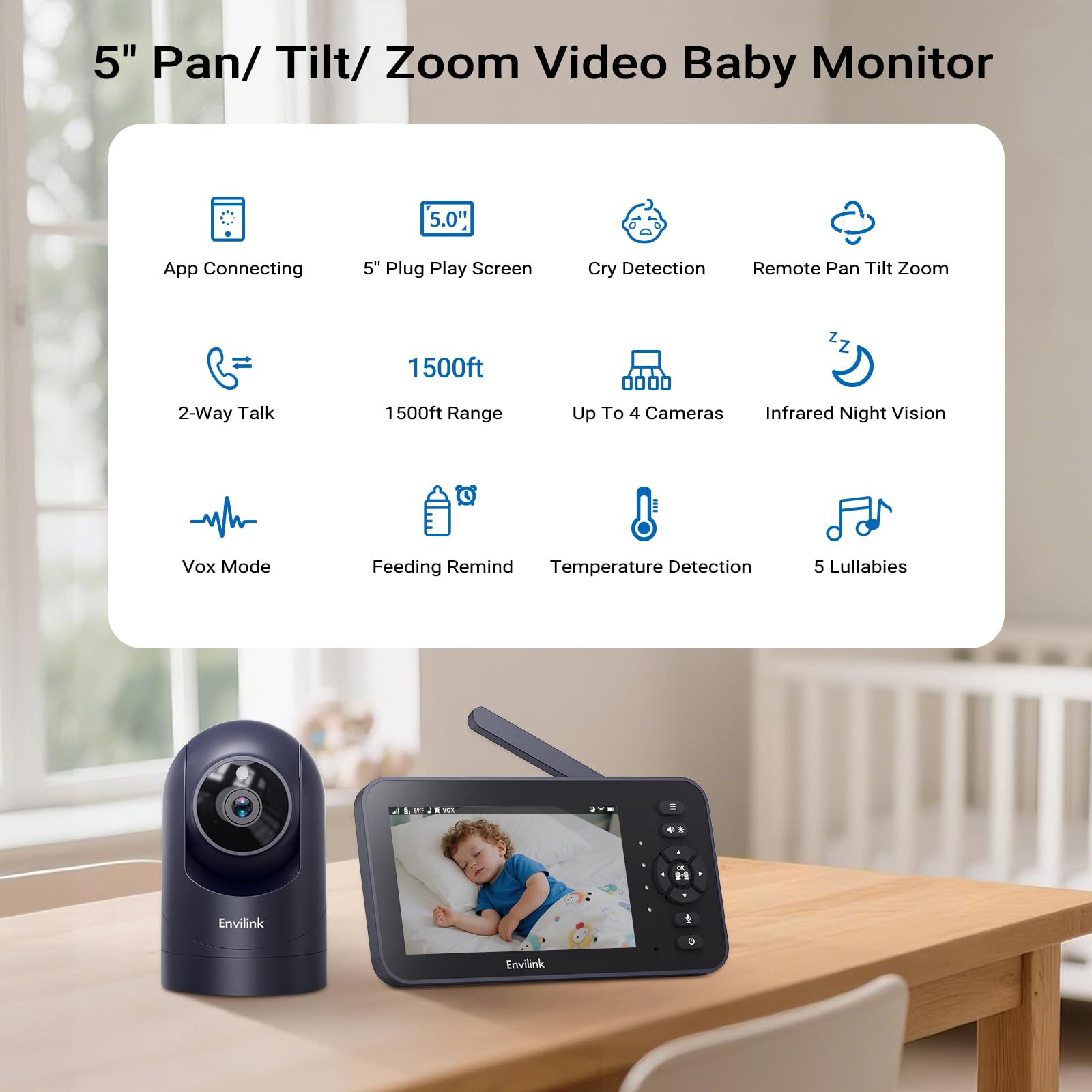 Monitor de video para bebé 720P con cámara y audio, pantalla de 5 pulgadas, sin wifi o modo de aplicación gratuita para smartphone, cámara de panorámica/inclinación/zoom, canciones de cuna