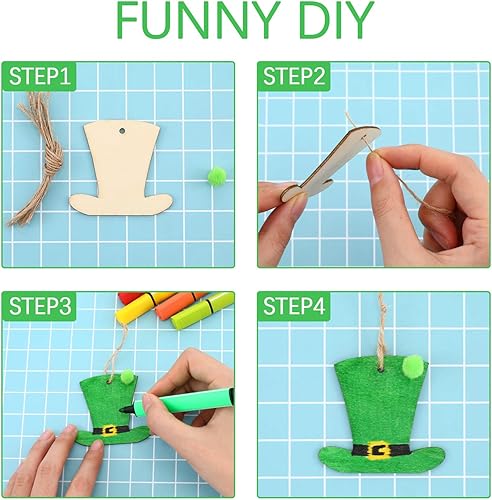 Miniatura 4 de Outus Juego de 125 adornos de madera sin terminar del día de San Patricio, 6 patrones surtidos, adornos de madera, adornos colgantes con pompones y