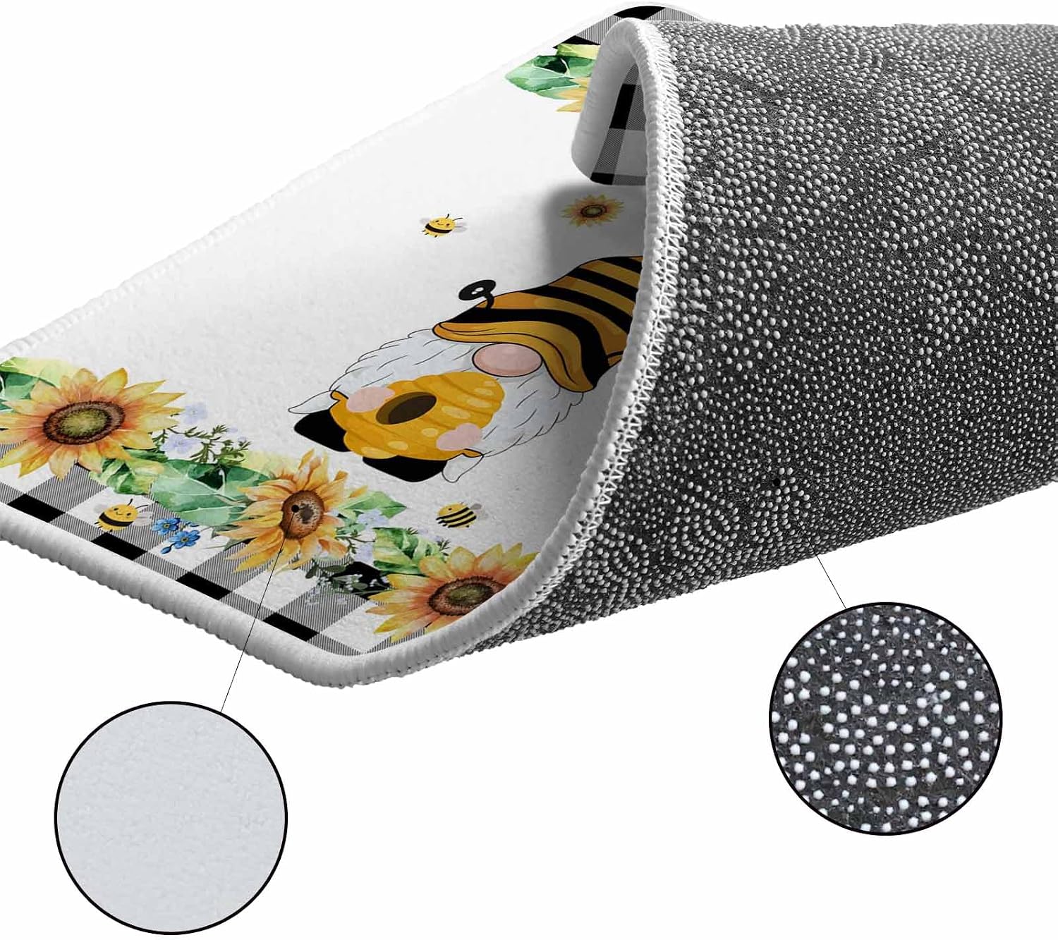 Spring Bee Gnomes Kitchen Rugs and Mats Set of 2, Non-Slip Kitchen Sink Mat, Sunflowers Black Checkered Washable Doormat Bathroom Rugs Runner for Bedroom/Living Room 17.7"x30"+17.7"x47.2"