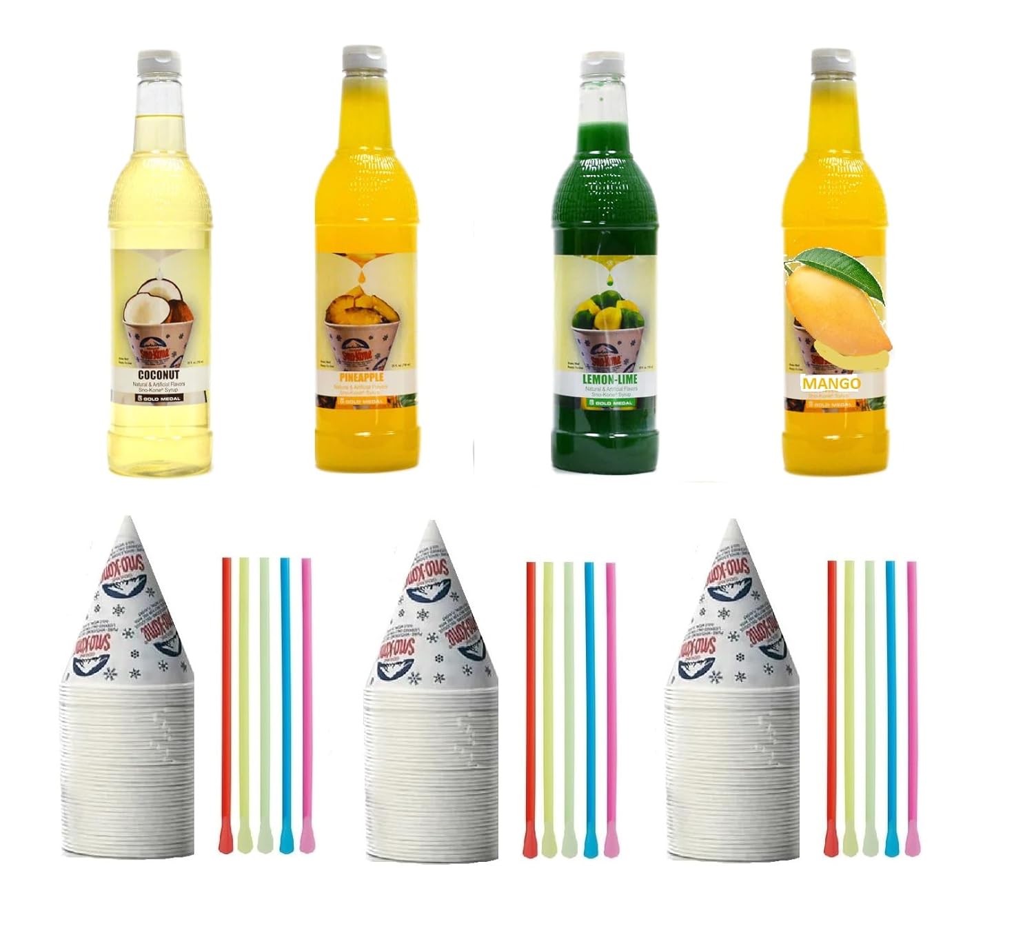 Snow Cone Kit Bundle of 4 Flavored Syrup Bottles, Spoon