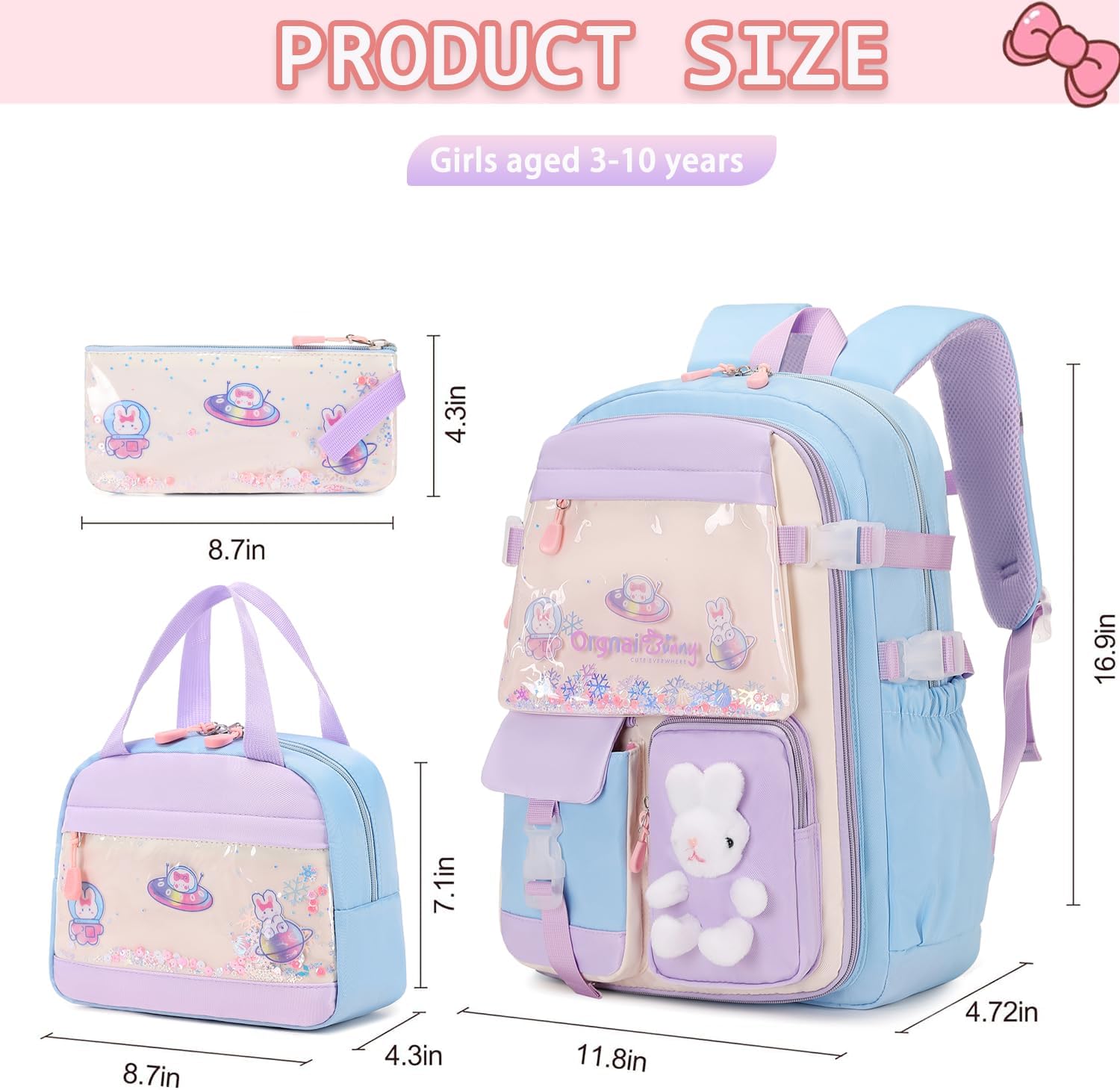 3Pcs Kawaii Cute Bunny Backpacks for Girls - School Bags with Lunch Box & Pencil Case, Pink & Blue - Image 3