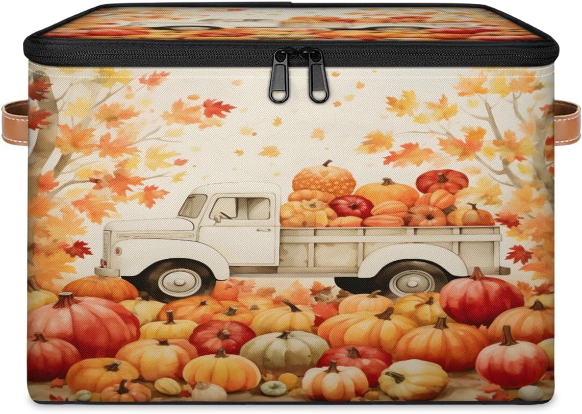 Storage Bin Set of 2 Autumn Pumpkin Harvest Storage Basket with Zipper Lid & Handle Foldable Closet Shelf 2 Pack Cloth Organizer Basket Cube Bins Clothes Organizer for Bedroom, Nursery