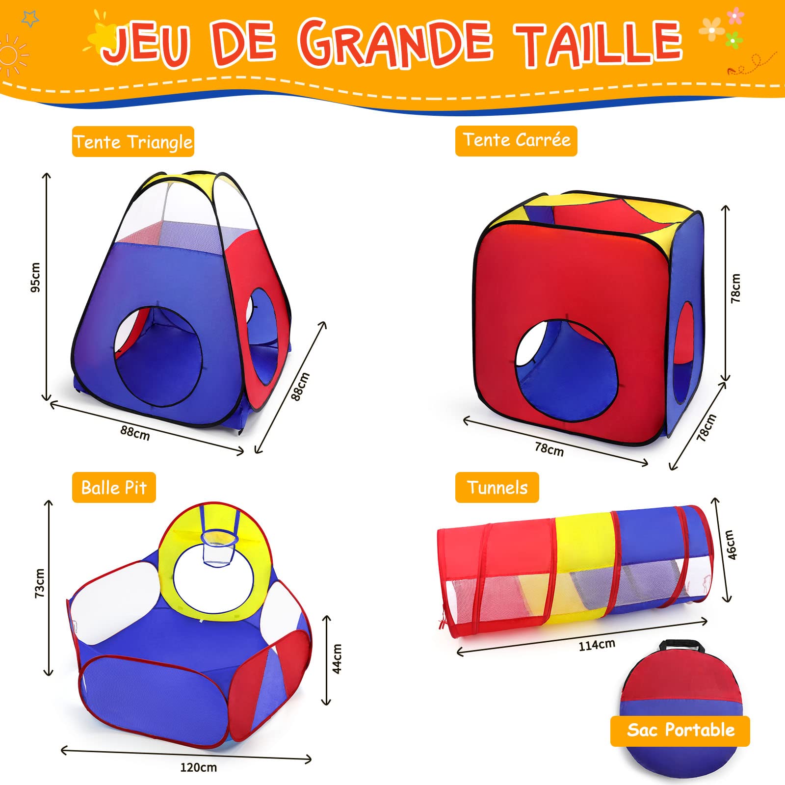 Opret 5 en 1 Pop Up Tente Tunnel Enfant, avec Piscine a Balle pour Bébé, Pliable Maison de Jeux Exterieur et Interieure pour Garçons Filles Cadeau de Noël d'anniversaire (sans balles)