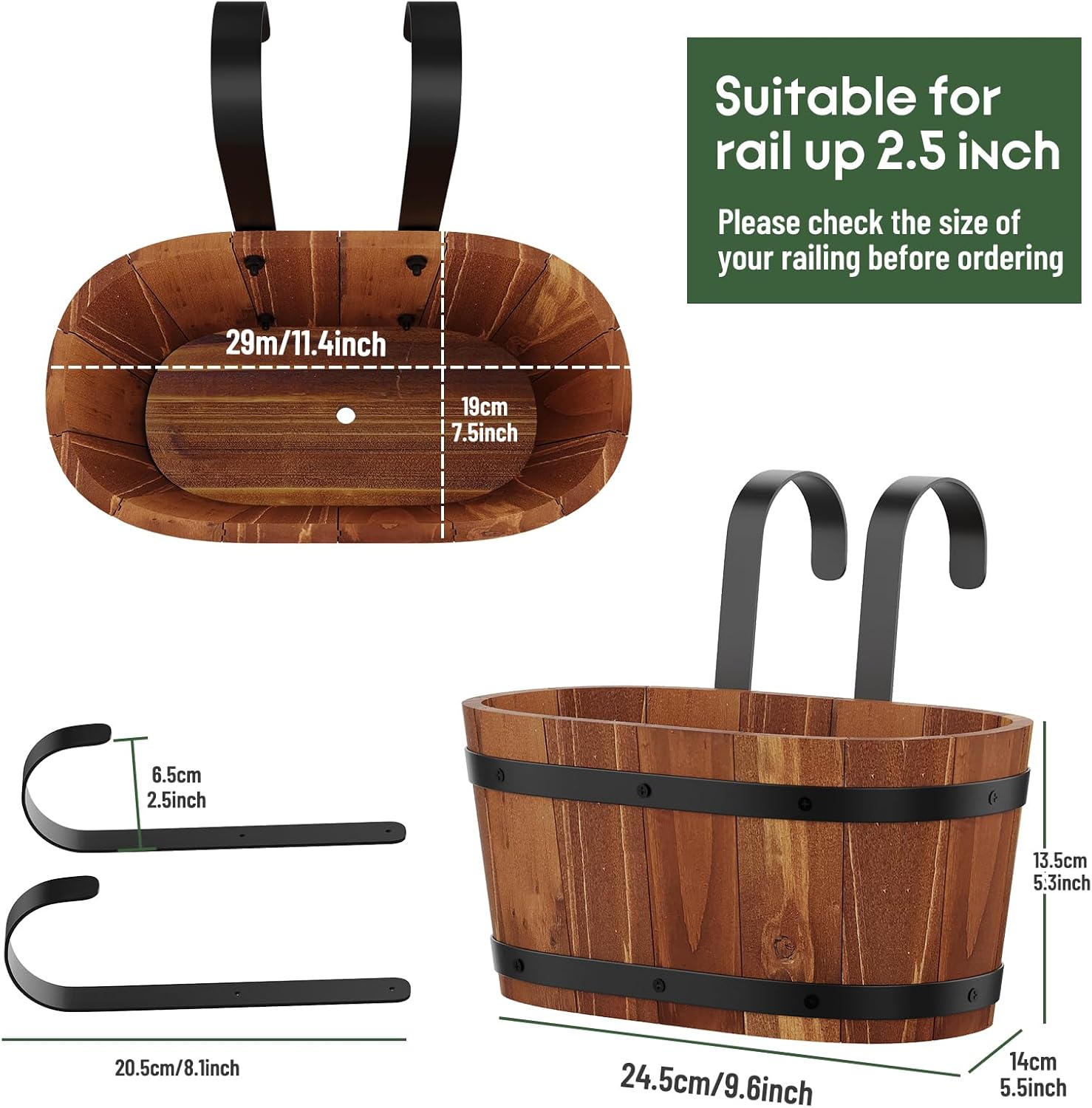 Hanging Wooden Flower Pots, Railing Planter for Any Balcony, Porch or Deck Countryside Style with Detachable Hooks for Garden Yard Home Decor (Brown)