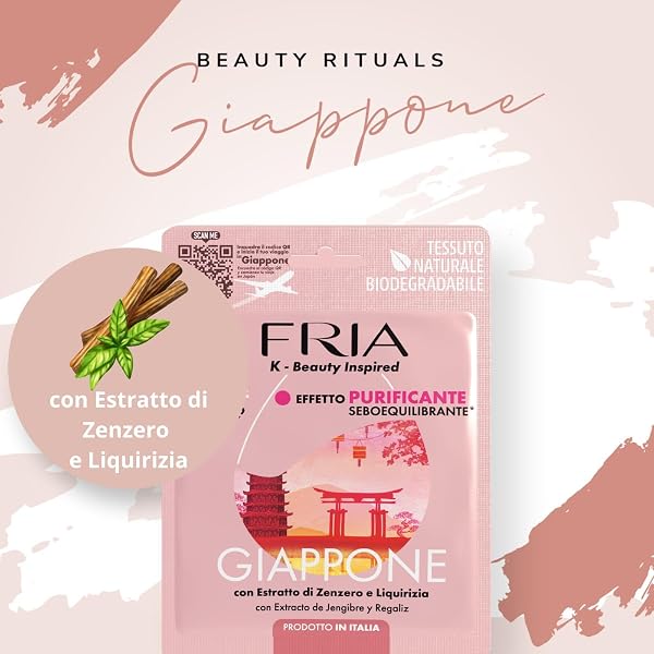 Fria K-Beauty Maschera Viso Giappone con estratto di Zenzero, Cannella e Pimpinella, Effetto Purificante e Sebo Equilibrante sulla Pelle, Dermatologicamente Testata, Confezione da 1 Maschera - 4