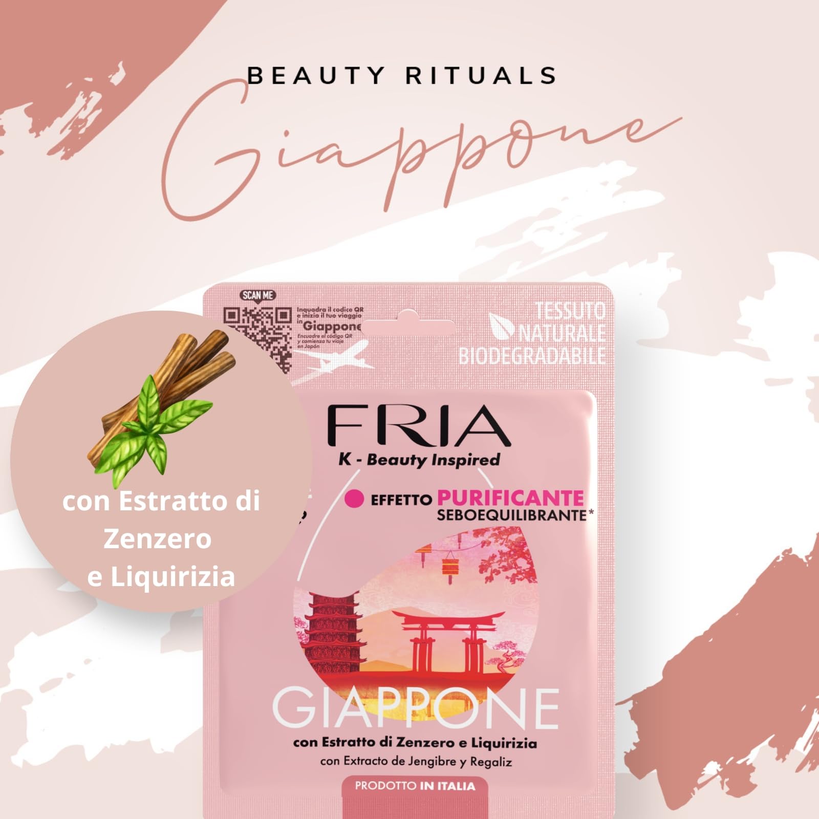 Fria K-Beauty Maschera Viso Giappone con estratto di Zenzero, Cannella e Pimpinella, Effetto Purificante e Sebo Equilibrante sulla Pelle, Dermatologicamente Testata, Confezione da 1 Maschera