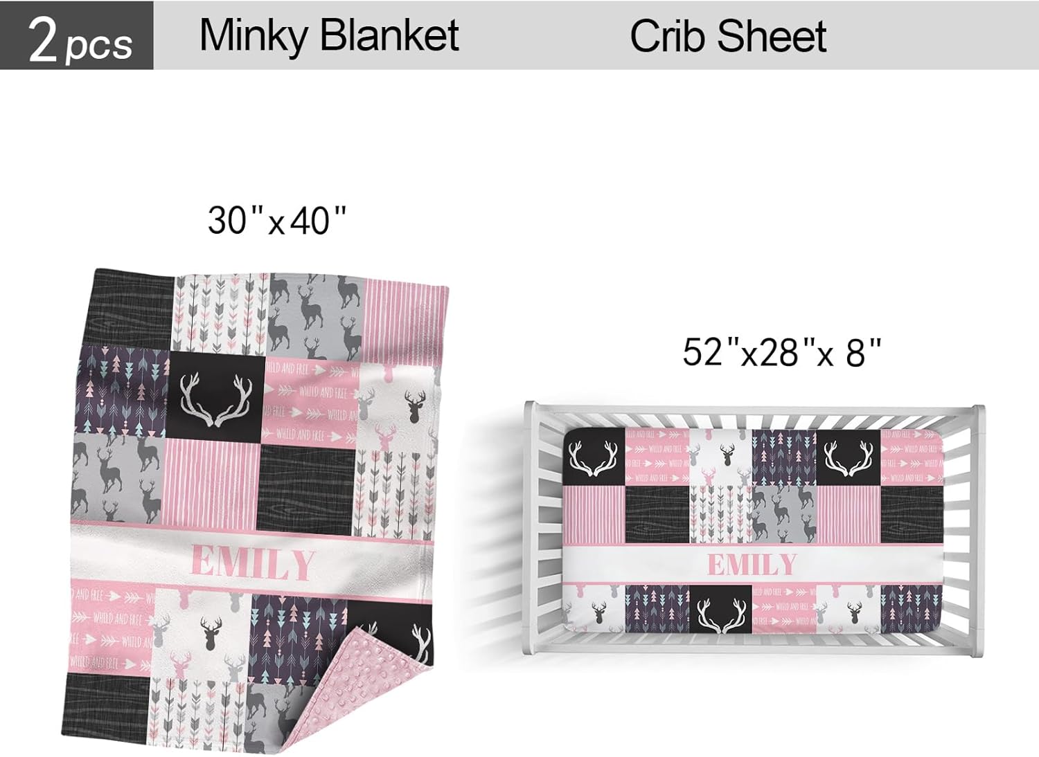 Personalized Crib Bedding Set for Baby Girls, Custom Baby Crib Bedding Set with Name, Deer Arrow Pink Nursery Bedding, 2 Piece Crib Bedding Sets, Name Crib Comforter, Crib Fitted Sheets for Babies