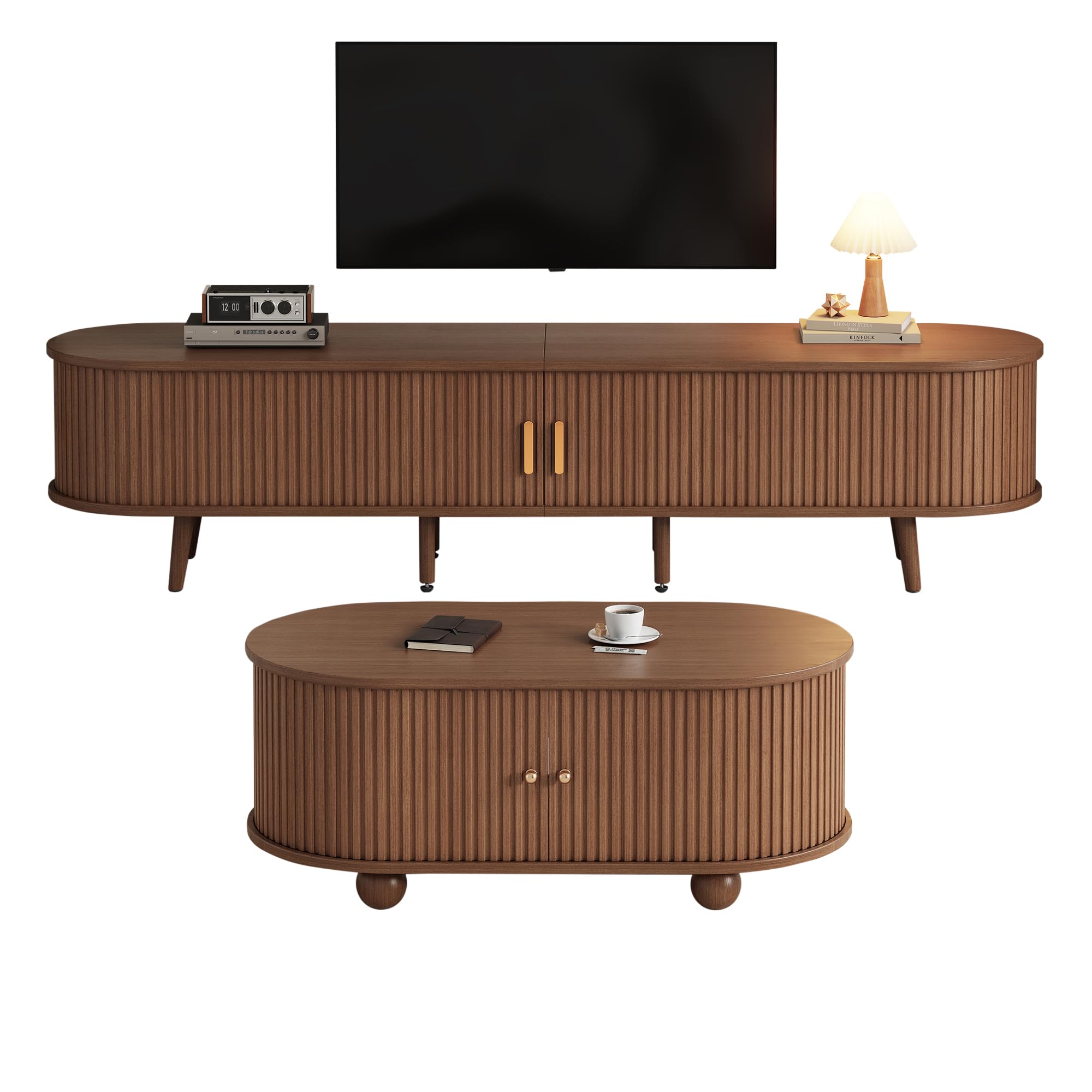175x40x42cm&100x50x40cm Wohnzimmer-TV-Schrank mit Stauraum + Couchtisch-Kombination, Nussbaum Kombination in Originalholzfarbe, MDF, 2 Set
