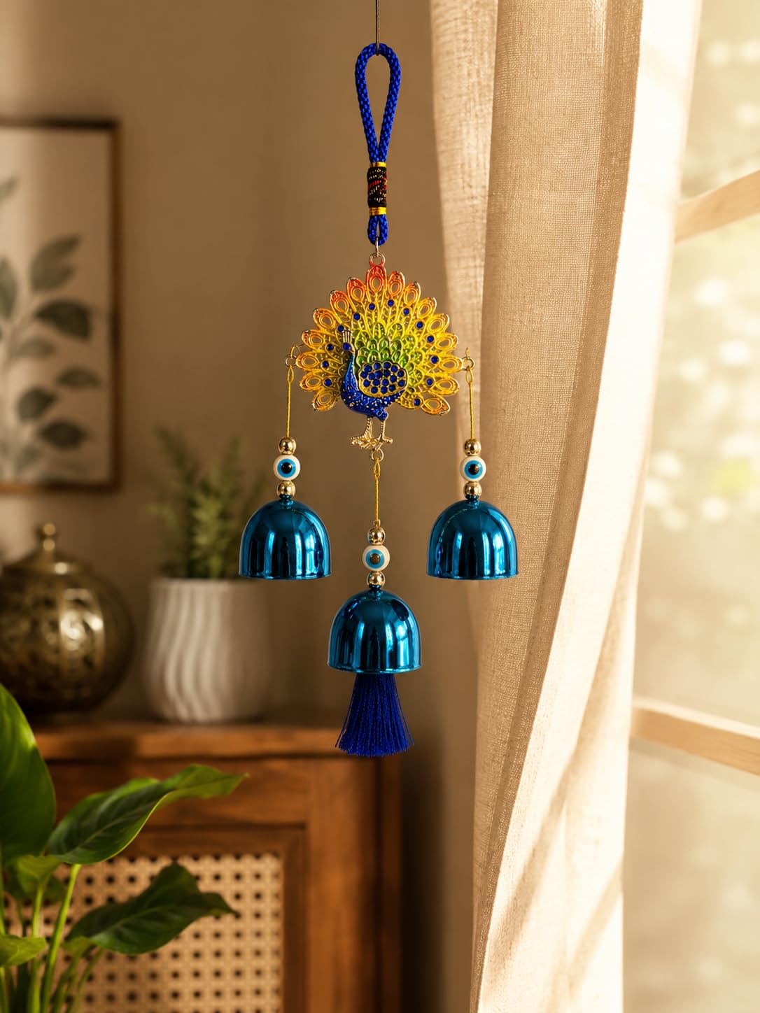 Peacock Metal Evil Eye Wind Chimes for Home Positive Energy | Turkish Wind Chime Hanging Bells for Balcony, Main Door, Living Room, Garden & Car Decor (Peacock Evil Eye Shaped)-image-24