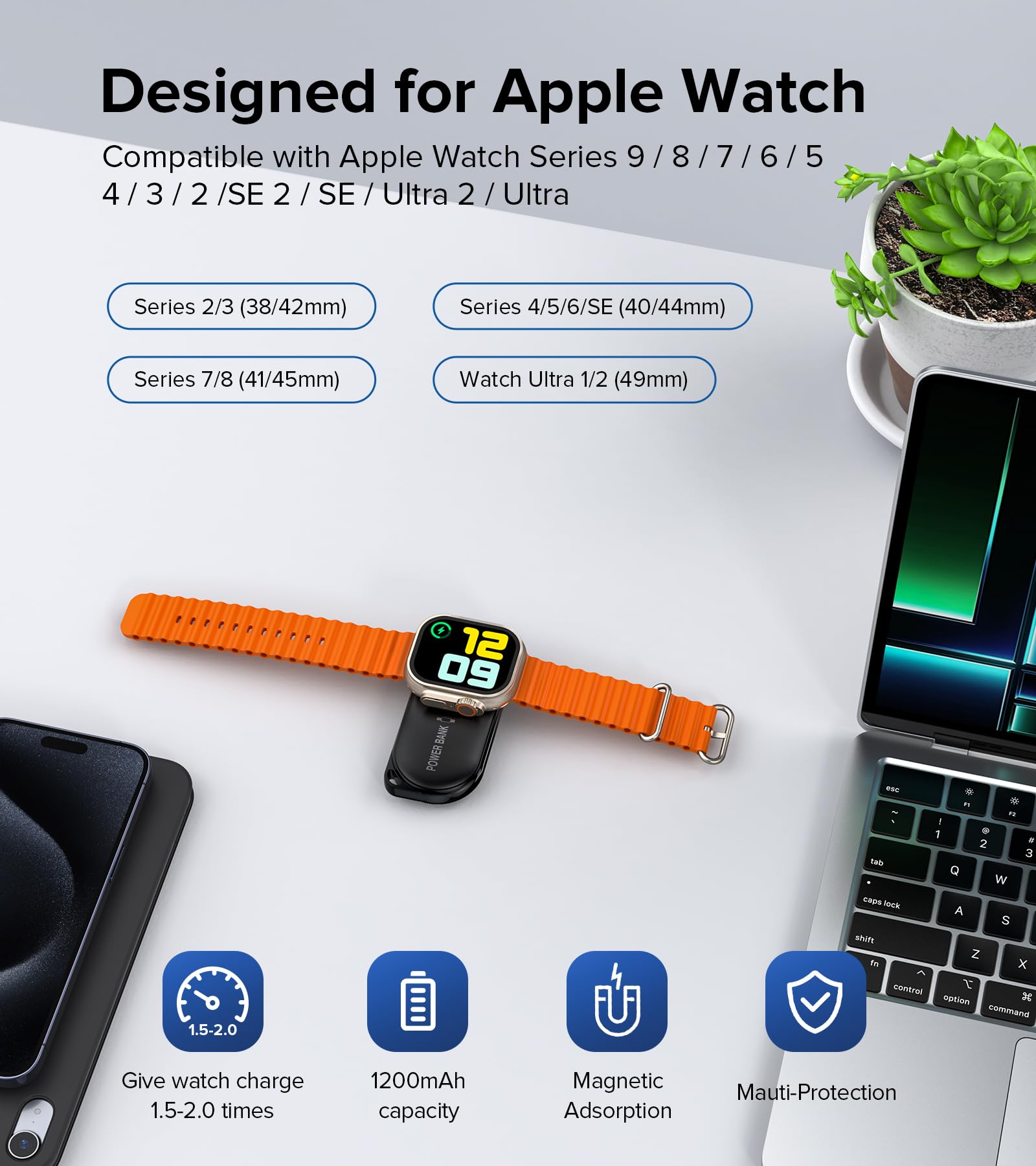 Portable Charger for Apple Watch, 1200mAh Travel Power Bank Magnetic Wireless Charger Station for iWatch Series 9/8/UItra/7/6/5/4/3/2/SE