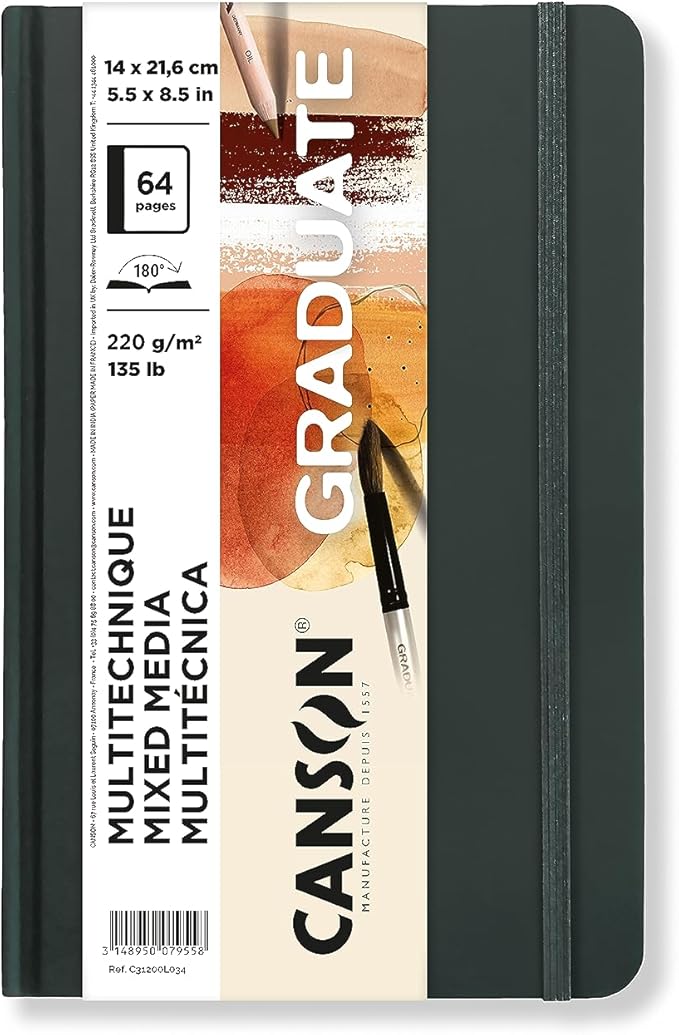 CANSON Graduate Book, Skizzenbuch, doppelseitig: körnig und glatt, 220 g/m², Sketchbook Hardcover, 14 x 21,6 cm, Natur, 64 Blatt, 5.5×8.5, Getöntes hellbraunes Papier