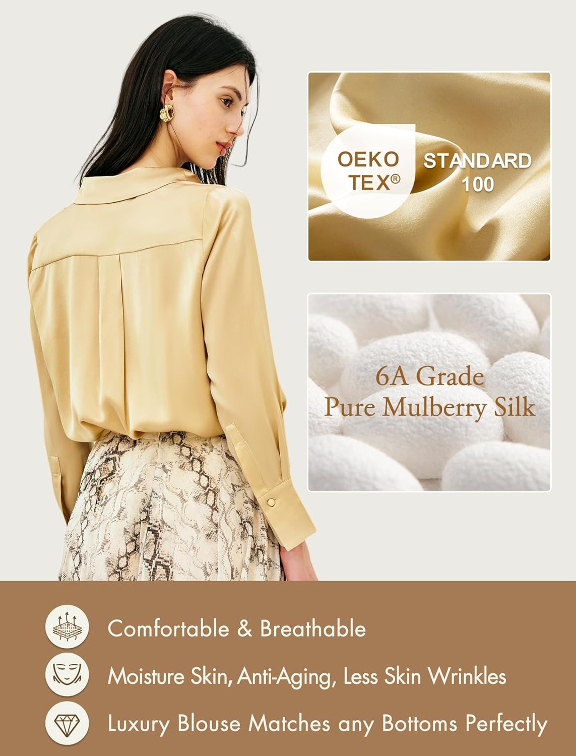 COLD POSH Silk Blouses for Women Long Sleeve Women’s 100% Pure Silk Blouses Elegant Button Down Shirt Smooth Tops Cool Shirts - Image 3