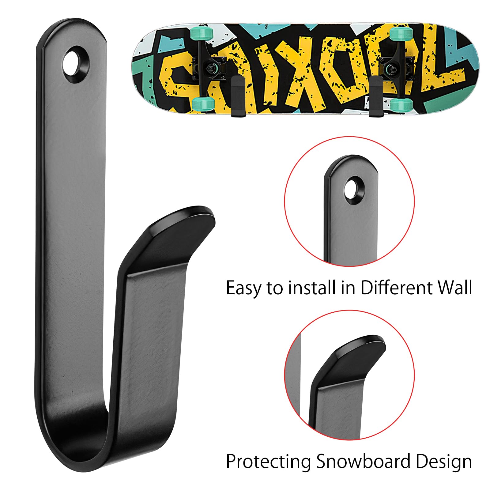 HENGBIRD 2 soportes de pared horizontales para snowboard, soporte de pared para monopatín, longboard, almacenamiento y snowboard + 1 gancho para atornillar