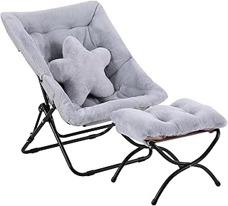Welnow Comfy Saucer Chair with Ottoman, Oversized Folding Reading Chair for Adults with Throw Pillow Soft Faux Fur Lounge Chair for Bedroom Furry Accent Chair for Living Room, Dorm Rooms, Grey