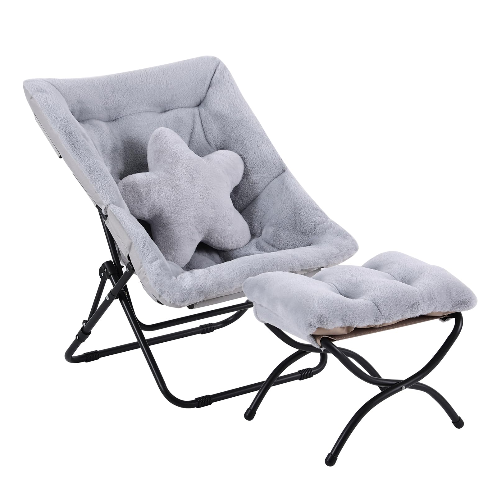 Welnow Comfy Saucer Chair with Ottoman, Oversized Folding Reading Chair for Adults with Throw Pillow Soft Faux Fur Lounge Chair for Bedroom Furry