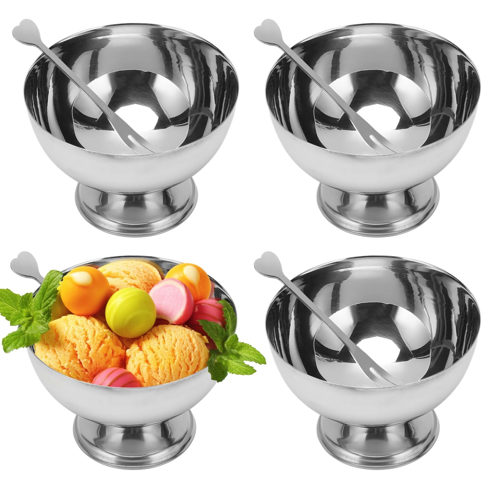 Packool Stainless Steel Dessert Cups, 4PCS Reusable Multiuse 160ML Footed Pudding Cup Dessert Bowls Ice Cream Bowls with 4 Forks