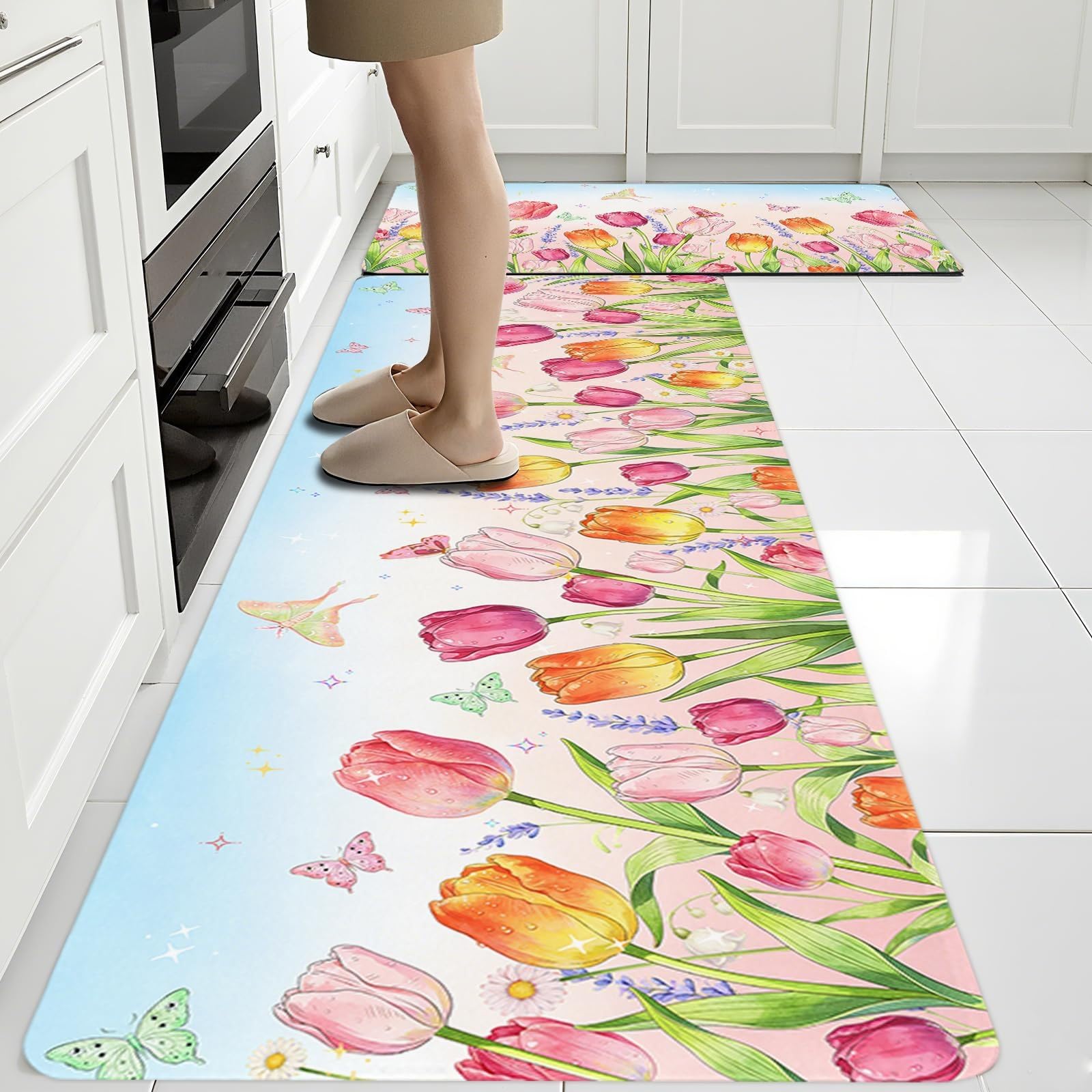 Generico Tappetini Da Cucina Floreali Antiscivolo Lavabili Con Motivo A Tulipani Tappetini Assorbenti Per Ingresso Bagno E Zona Lavello - Decorazione Per La Casa - Facili Da Pulire 60X90+60X180Cm