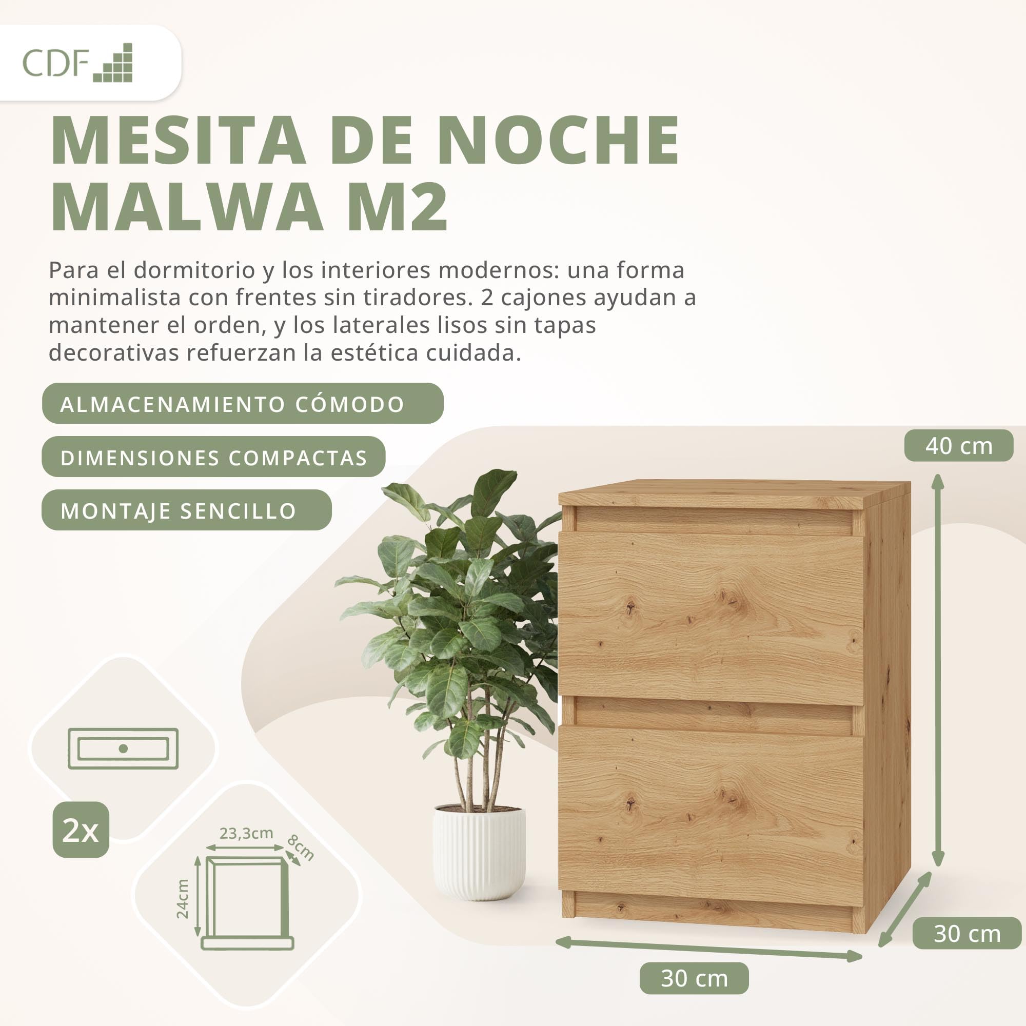 CDF Mesita Mesa Mesilla de Noche con 2 cajones Auxiliar Junto Cama Mueble de Dormitorio Salón Oficina Estilo Moderno Gabinete Organización Espacio Tamaño Compacto - M2 30cm Roble Artisan