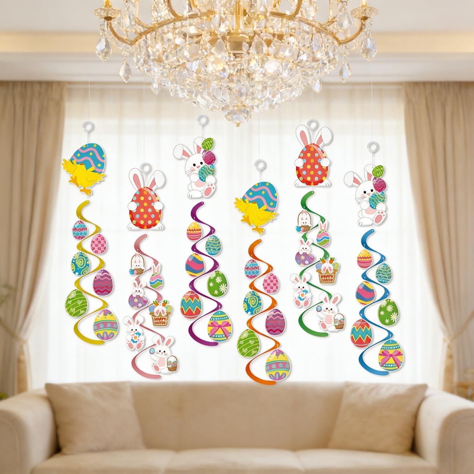 6 piezas de papel en espiral de Pascua para colgar, diseño de conejito y huevo, remolino festivo para fiestas de Pascua, eventos en el hogar y el aula, ideal para Ea (50 cm)