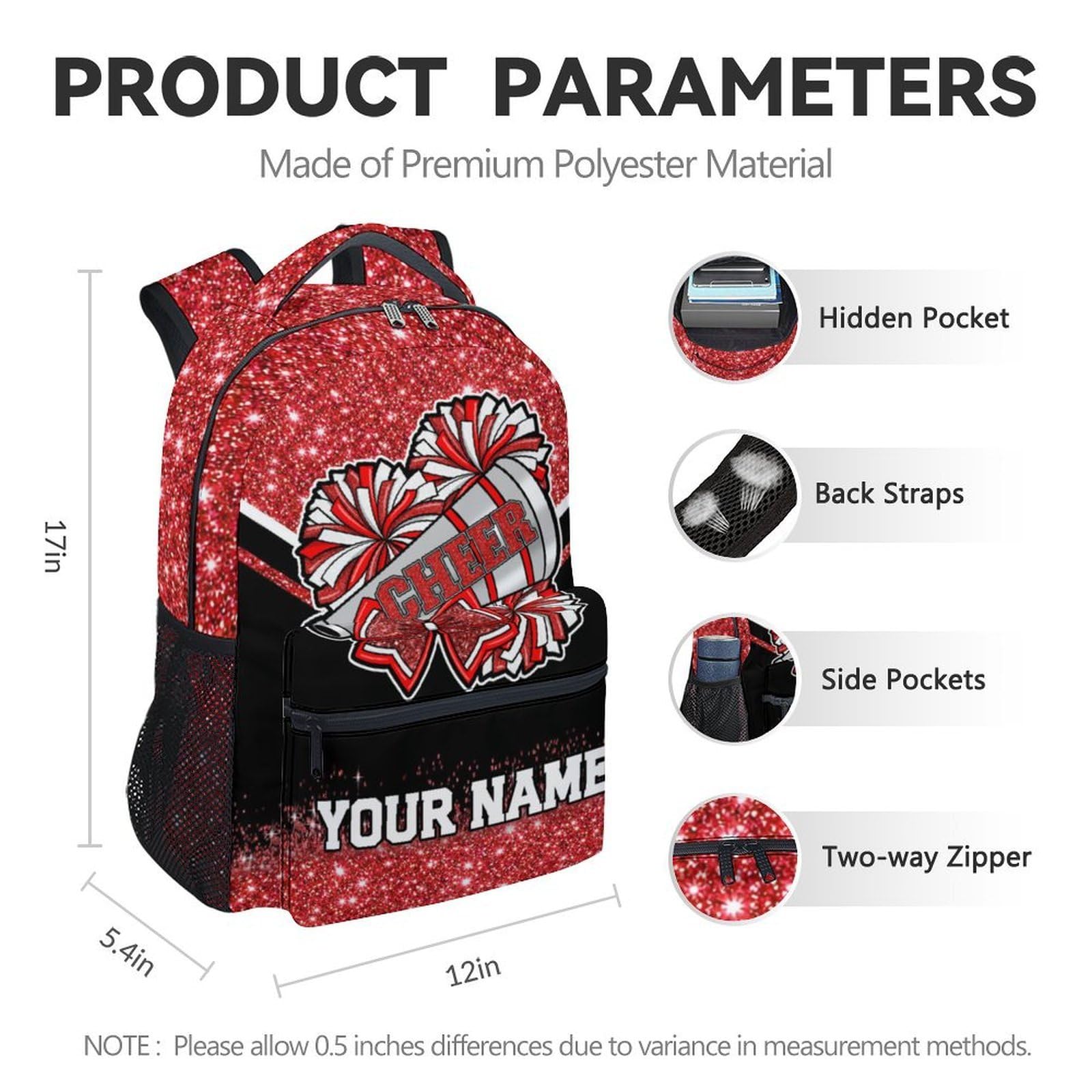 Zaino personalizzato Cheer, 43 cm, zaino da cheerleader, regali per ragazze, borsa per libri per bambini elementari, Rosso, One Size, Zaino per bambini