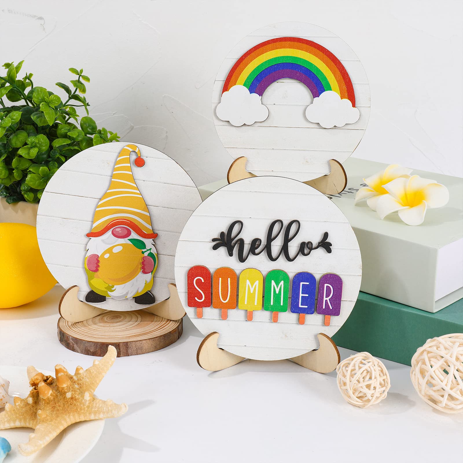 Whaline 3Pcs Hello Summer Table Decoration Embossed Rainbow Lemon Gnome Wooden Sign with Base Round Summer Table Centerpiece Wood Tabletop for Tiered Tray Home Kitchen Dinner Table