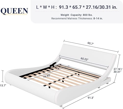 Miniatura 33 de Allewie Base de cama tapizada de tamaño matrimonial, moderna cama de trineo de perfil bajo con cabecera ajustable de piel sintética, soporte de