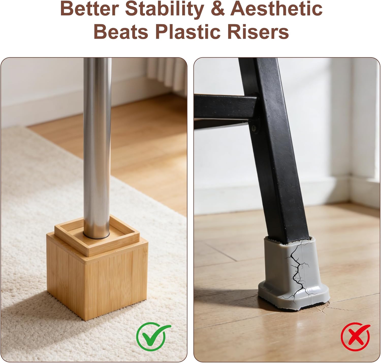 4 Inch Bamboo Bed Risers, 2000 LBS Heavy Duty Furniture Leg Risers with Anti-Fall Edge, Height Extenders Support Blocks for Bed Sofa Desk Table, 4-Pack Natural
