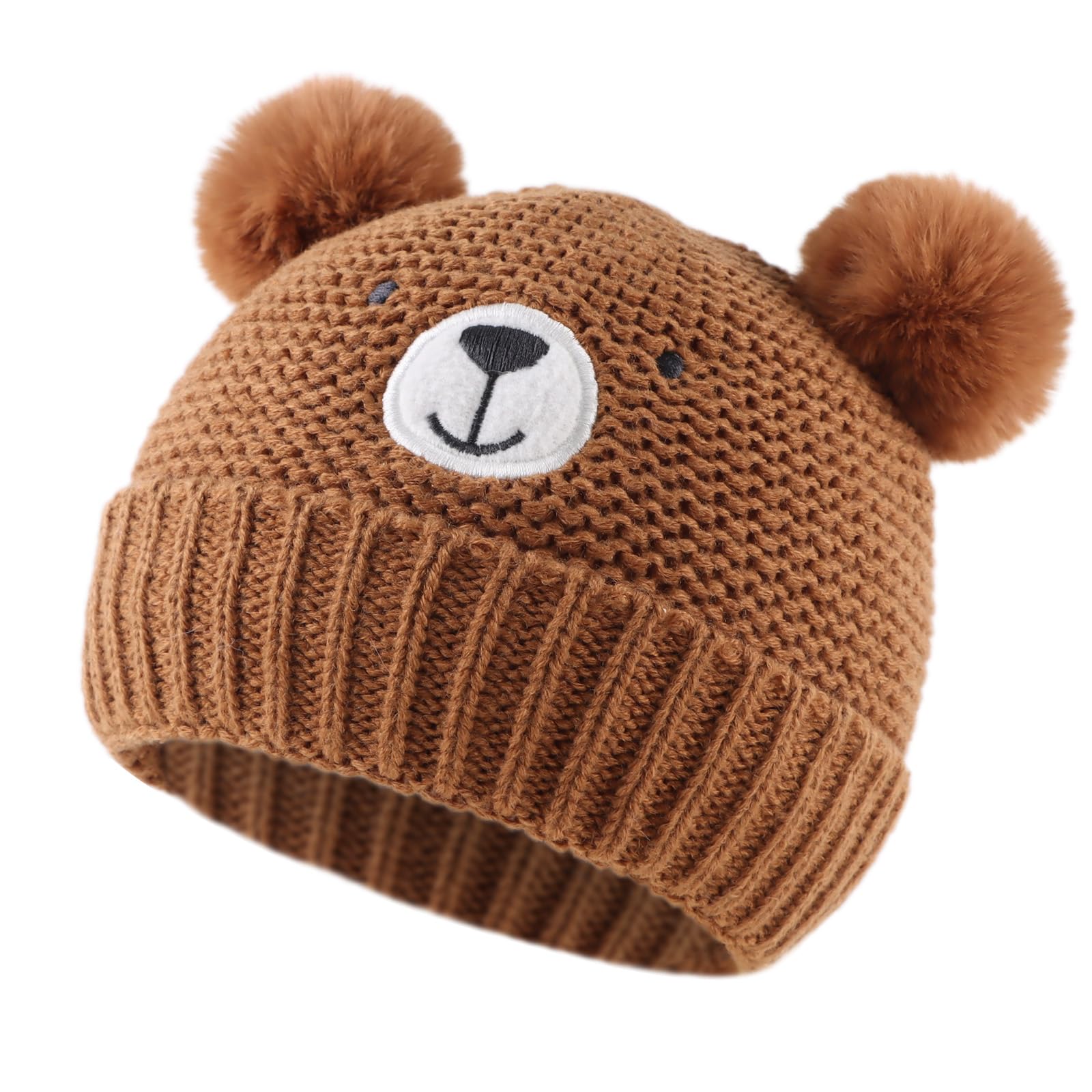 JANGANNSA Cute Bear Baby Beanie Pompom Baby Boys Hat Infant Toddler Winter Knitted Beanies for Girls (6-12 Months Walnut)