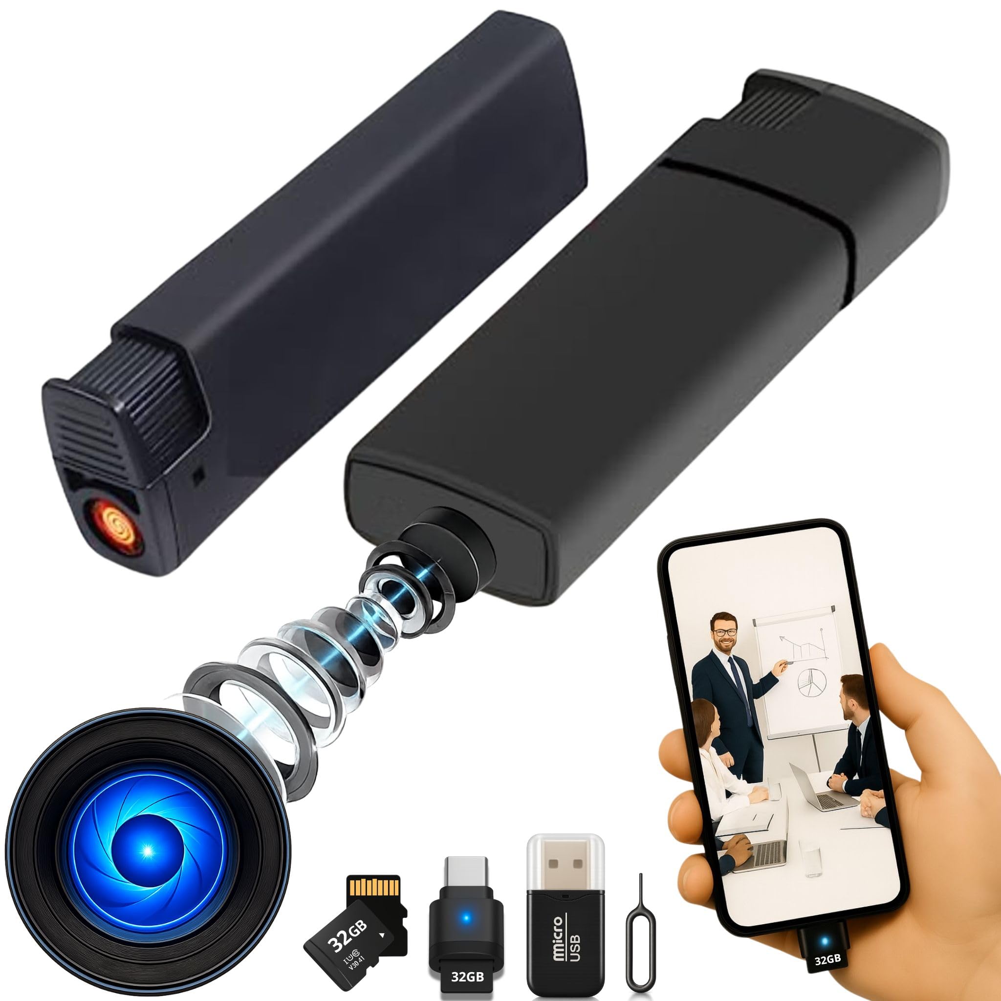 Mini Camara Espia Oculta Camuflada Mechero (TOTAL PACK con Tarjeta 32GB Lector y OTG Para el Móvil) Sin Agujero de Lente, Sin Luz al Grabar, 2 MP SuperHD, Grabación en Bucle, Plug and Play sin Wifi