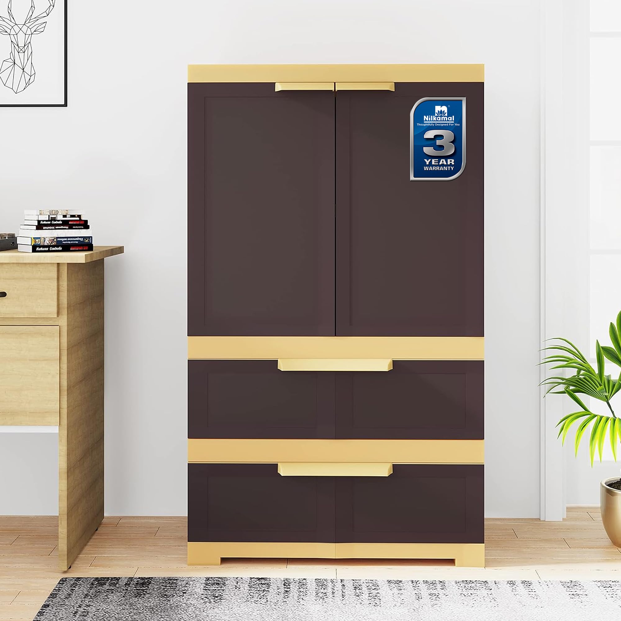 Nilkamal Freedom FMDR2BE Plastic Storage Cabinet with 2 Drawer Clothes Organizer|3-Year Warranty|Shelves|Wardrobe|Adult & Kids|Multipurpose for Home, Kitchen & Office (Weathered Brown & Biscuit)-image-7